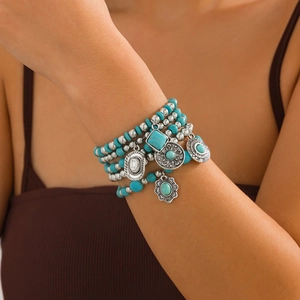 Bohemian multilayer turquoise bead bracelet set with vintage silver pendants for women