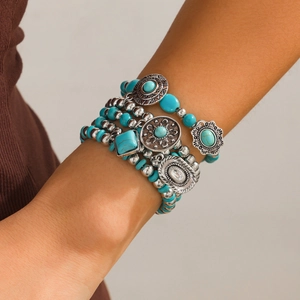 Bohemian multi-layer turquoise bead bracelet set with vintage ethnic carved metal charms