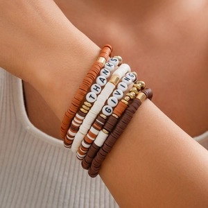 Handmade Thanksgiving bracelet set with colorful heishi beads and gold metallic accents