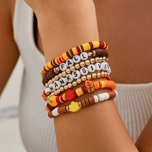 Stackable fall bracelet set with colorful heishi beads and Thanksgiving letter charms