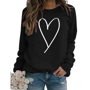Women's black crewneck sweatshirt with line heart print for Valentine's Day casual style