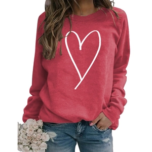 Women's casual red long sleeve sweatshirt with large white heart print and round neck