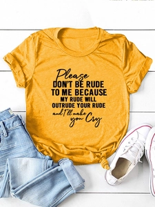 Flat lay of a ginger cotton T-shirt with 'please don't be rude' text and hem knot detail