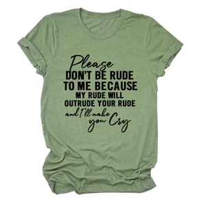 Detail of green cotton t-shirt featuring black cursive text and rolled sleeve edges