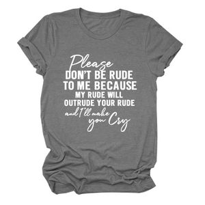Detail of dark grey crew neck t-shirt with white graphic text print on cotton fabric