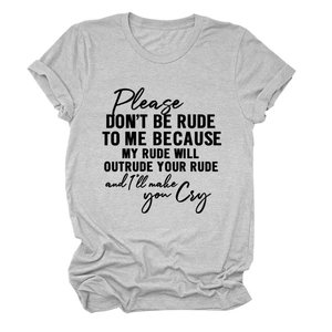 Detail shot of slogan print on a heather gray cotton crewneck t-shirt with rolled sleeves