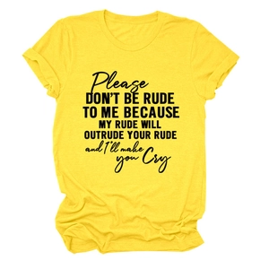 Detail of yellow cotton t-shirt with bold black Please Don't Be Rude slogan print