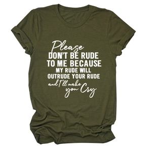 Detail of white slogan print on olive green crew neck cotton t-shirt for women