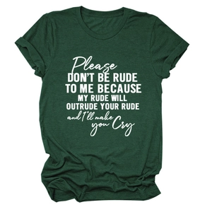 Detail of loose dark green t-shirt with roll-up sleeves and white text slogan print