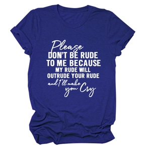 Detail of royal blue cotton t-shirt with please don't be rude slogan and folded sleeves