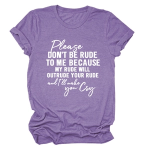 Detail of soft heather purple fabric and white letter print on a loose round neck t-shirt