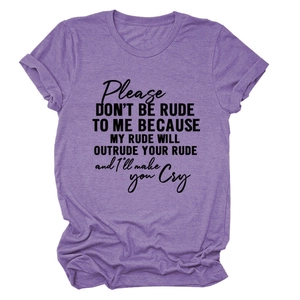Close-up of the black slogan print on a purple crew neck t-shirt with heather texture
