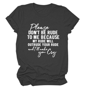 Close-up of charcoal grey cotton T-shirt featuring white slogan print and rolled sleeves