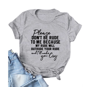 Grey Please Don't Be Rude slogan t-shirt with knotted hem and round neck design