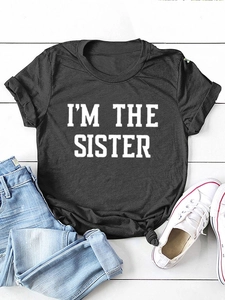 T-shirt en coton gris anthracite avec imprimé I'M THE SISTER et manches retroussées