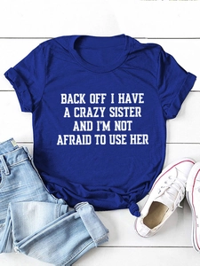 Royal blue crew neck T-shirt featuring bold white BACK OFF text print and knot detail