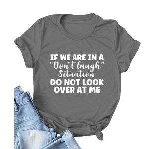 Dark gray cotton T-shirt with white slogan print and classic crew neck design
