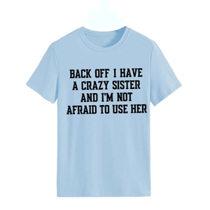 Close-up of funny slogan print on light blue cotton crewneck t-shirt for women
