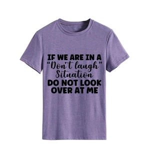 Detail of purple cotton blend T-shirt featuring high-quality black artistic letter print