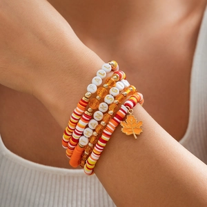 Fall maple leaf beaded bracelet set with acrylic charms and letters for Thanksgiving
