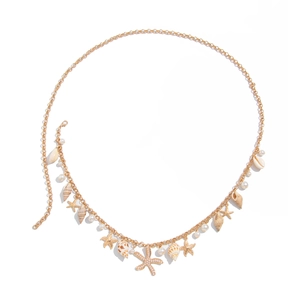 Golden beach waist chain with faux pearls, sea shells and starfish pendants with zircons
