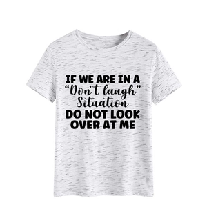 Close-up of quote print on a light gray heather short sleeve cotton t-shirt