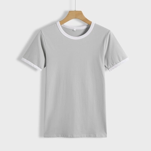 Women's short sleeve grey t-shirt with white contrast crew neck and sleeve cuffs