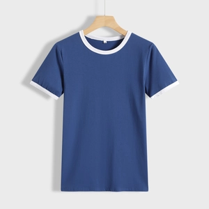Short sleeve ringer T-shirt in navy blue with white contrast collar and cuffs, size M