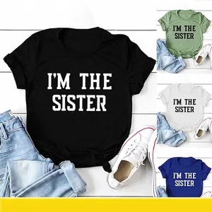 T-Shirt Décontracté en Mélange de Coton pour Femmes I'M THE SISTER Manches Courtes Col Rond Ourlet Noué