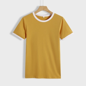 Women's casual loose-fit ginger yellow T-shirt with white contrast ribbing on collar