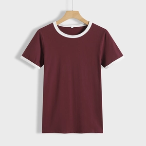 Women's burgundy ringer T-shirt with white contrast trim on neckline and short sleeves