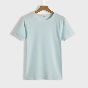 Women's light blue color block short sleeve T-shirt with white trim in size M