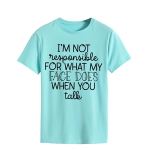 Close-up of the black slogan print on light blue cotton crewneck casual t-shirt