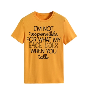 Detail of funny quote print on mustard yellow cotton crew neck t-shirt for women