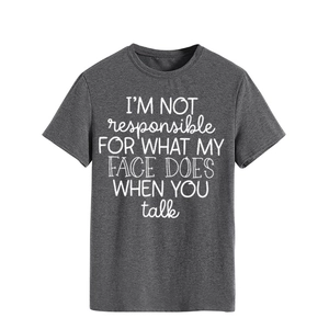Close-up of a dark grey crew neck t-shirt with white slogan print on white background