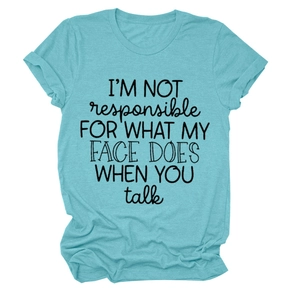 Detail of cuffed sleeve and printed text on turquoise cotton crewneck t-shirt