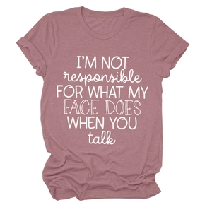 Detail of dusty rose cotton t-shirt with I'M NOT RESPONSIBLE slogan print design