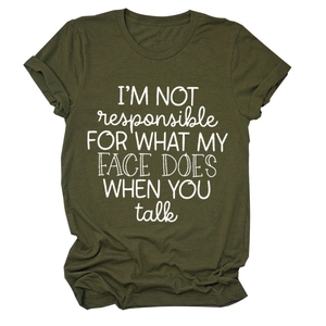 Detailed view of olive green cotton t-shirt with white printed quote and rolled sleeves