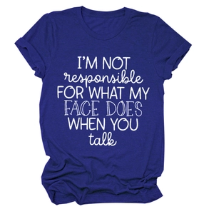 Detail of blue T-shirt featuring 'I'M NOT responsible' slogan with double stitching
