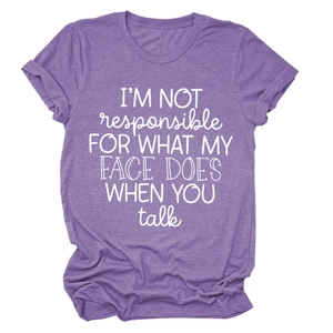 Detail of violet cotton t-shirt featuring I'm Not Responsible printed slogan