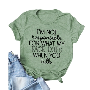 Short-sleeve sage green crewneck T-shirt with black text print and heather texture
