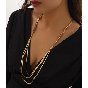 Three-layer gold snake bone chain necklace with punk style for women in flat geometric link