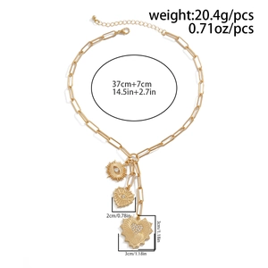 Detailed size specifications for gold paperclip chain necklace with heart charms