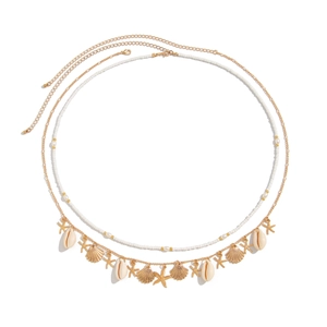 Bohemian double-layered gold necklace with starfish, shell pendants and white beads
