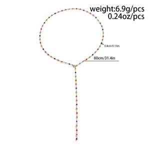 Detail showing Bohemian Y-shaped long necklace dimensions and multi-colored crystals