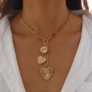 Luxury Alloy Rhinestone Evil Eye Heart Pendant Necklace Gold Silver Paperclip Chain Jewelry For Women Party Wedding