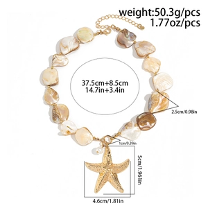 Detail of ocean shell necklace with golden starfish pendant and size measurements