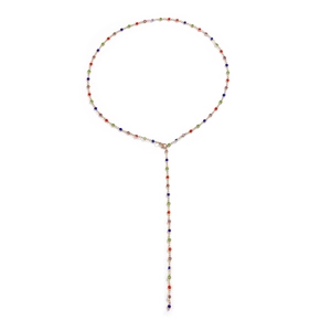 Elegant Y-shaped gold necklace featuring multi-color crystal tassels and colorful zircon gems