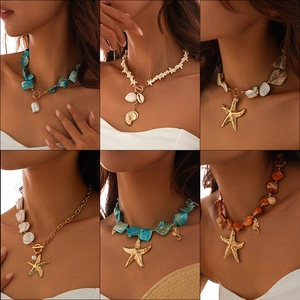 Starfish Pendant Necklace Alloy Shell Beads Simulated Artificial Baroque Pearl Beach Vacation Bohemian Jewelry For Women
