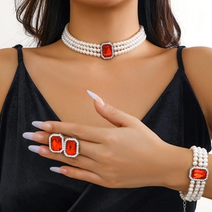 Three-layer pearl jewelry set featuring rectangle red gemstones and crystal accents